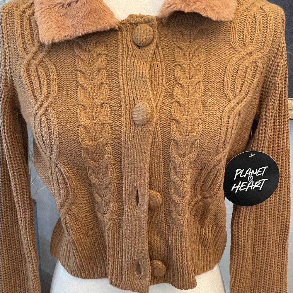 Crop Cable Knit Cardigan with Detachable Faux Fur Collar - Picture 4 of 9